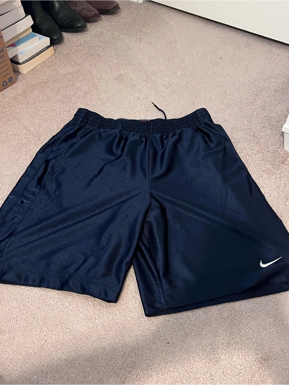 Vintage 2000s Nike Men's Dark Navy Athletic Mesh Shorts with White Swoosh